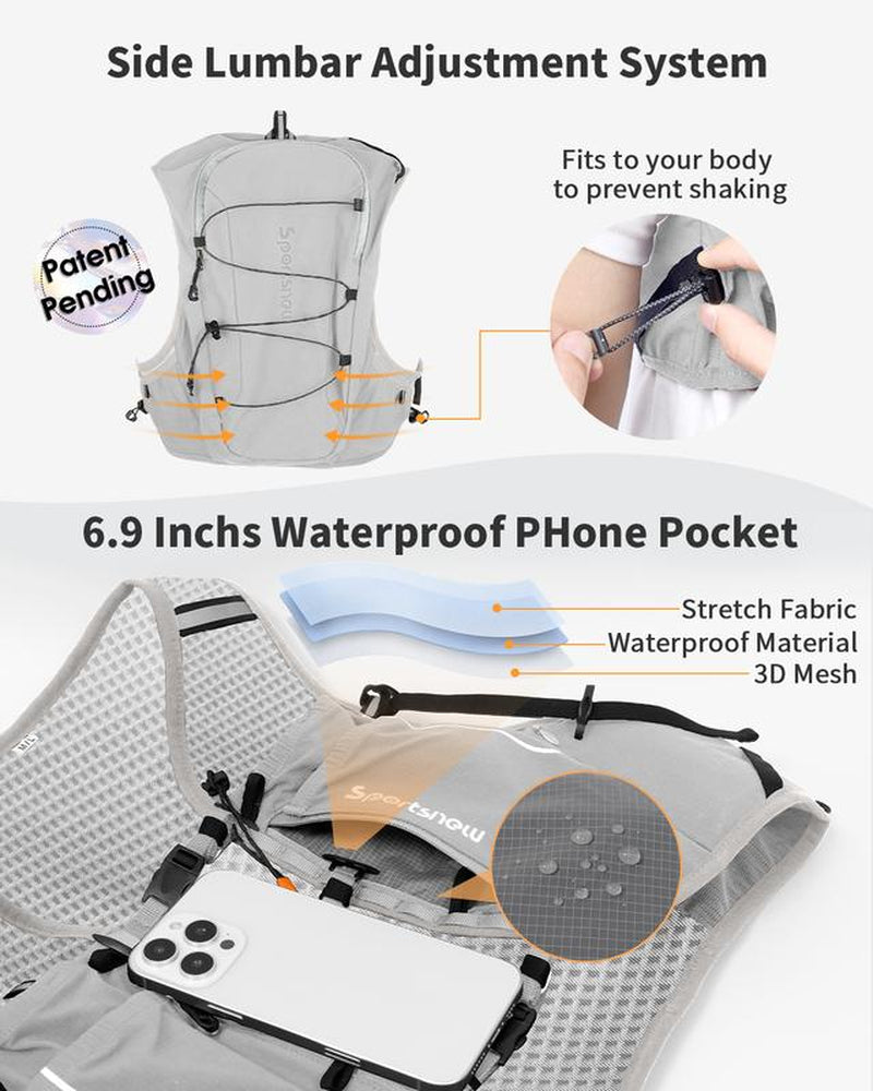 Sportsnew Hydration Vest 10L – Unisex Lightweight Running Backpack with 2L Bladder or 500Ml Soft Flasks, Waterproof Phone Pocket, Breathable Pack for Marathon, Trail Running, Hiking, Cycling