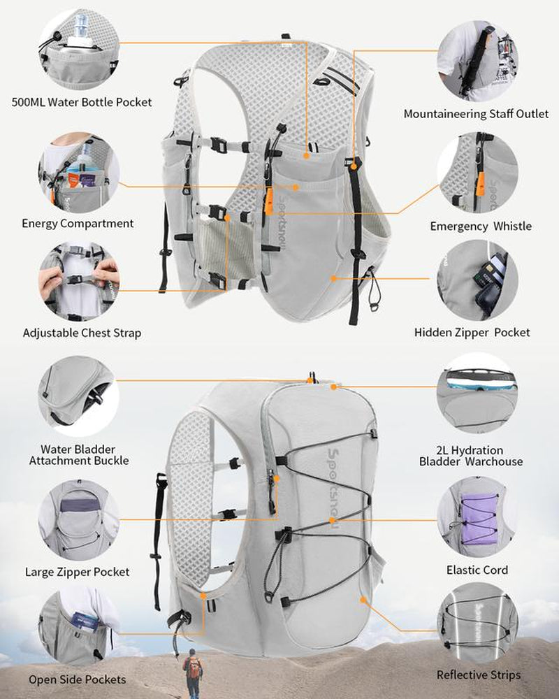 Sportsnew Hydration Vest 10L – Unisex Lightweight Running Backpack with 2L Bladder or 500Ml Soft Flasks, Waterproof Phone Pocket, Breathable Pack for Marathon, Trail Running, Hiking, Cycling